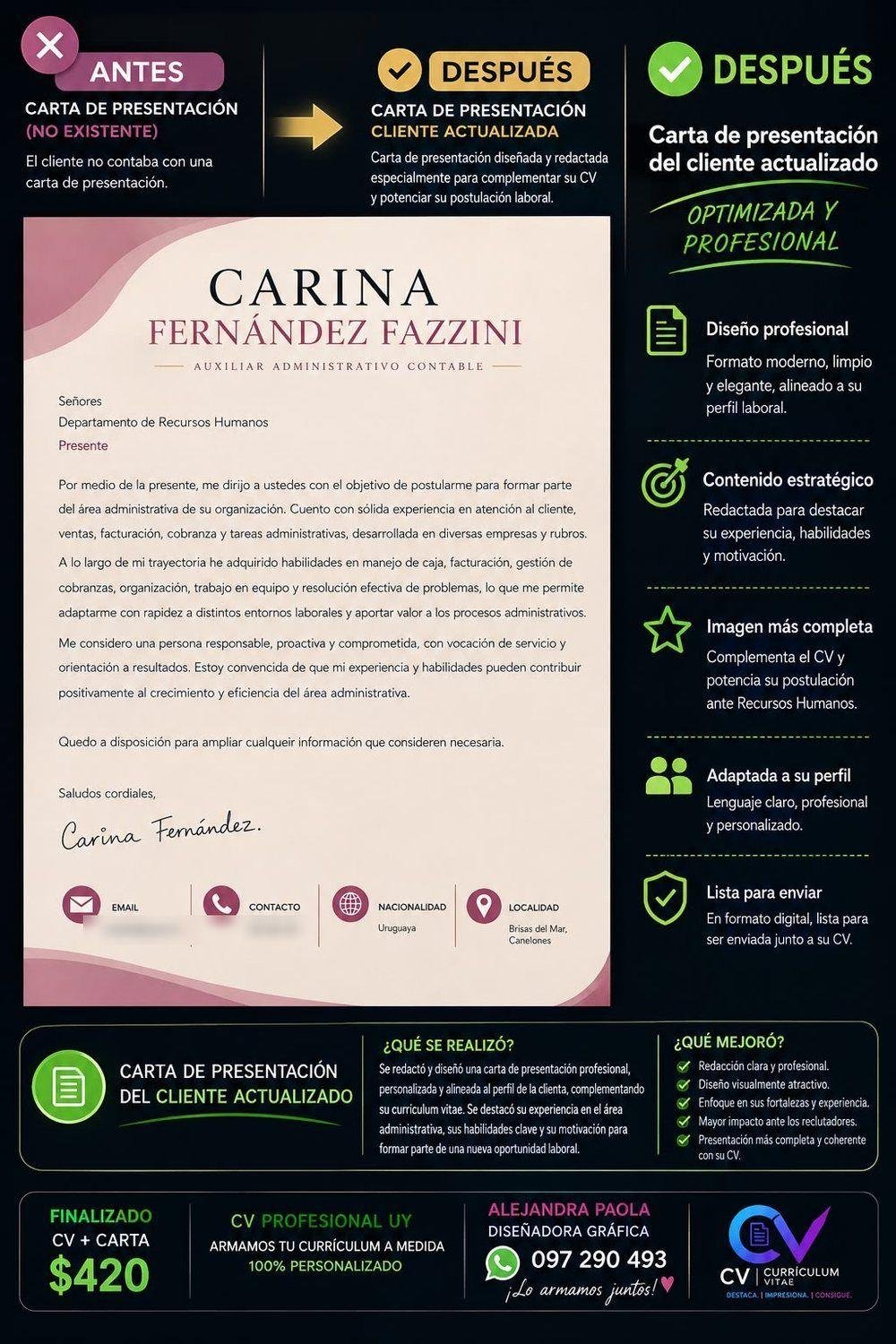 Carta de presentación profesional diseñada a medida