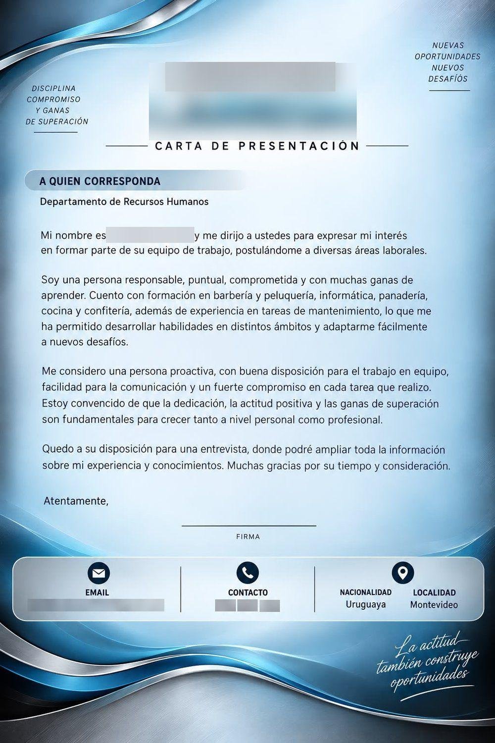 Mantenimiento, barbería y gastronomía — Carta de presentación