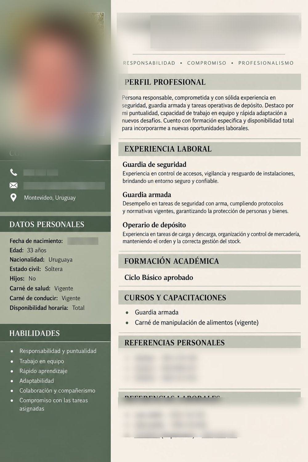 Seguridad, guardia armada y depósito — Currículum
