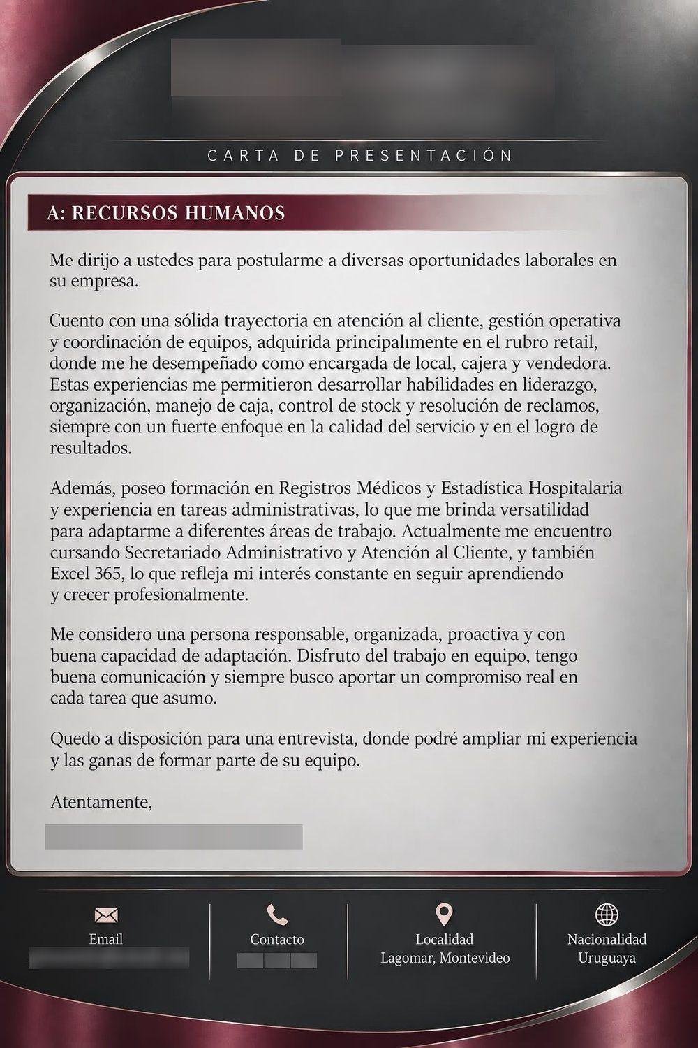 Encargada de local y atención al cliente — Carta de presentación