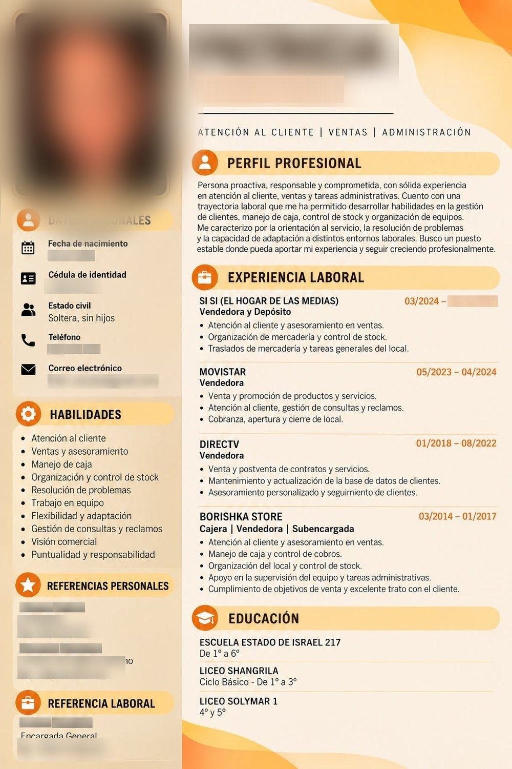 Atención al cliente, ventas y administración — Currículum