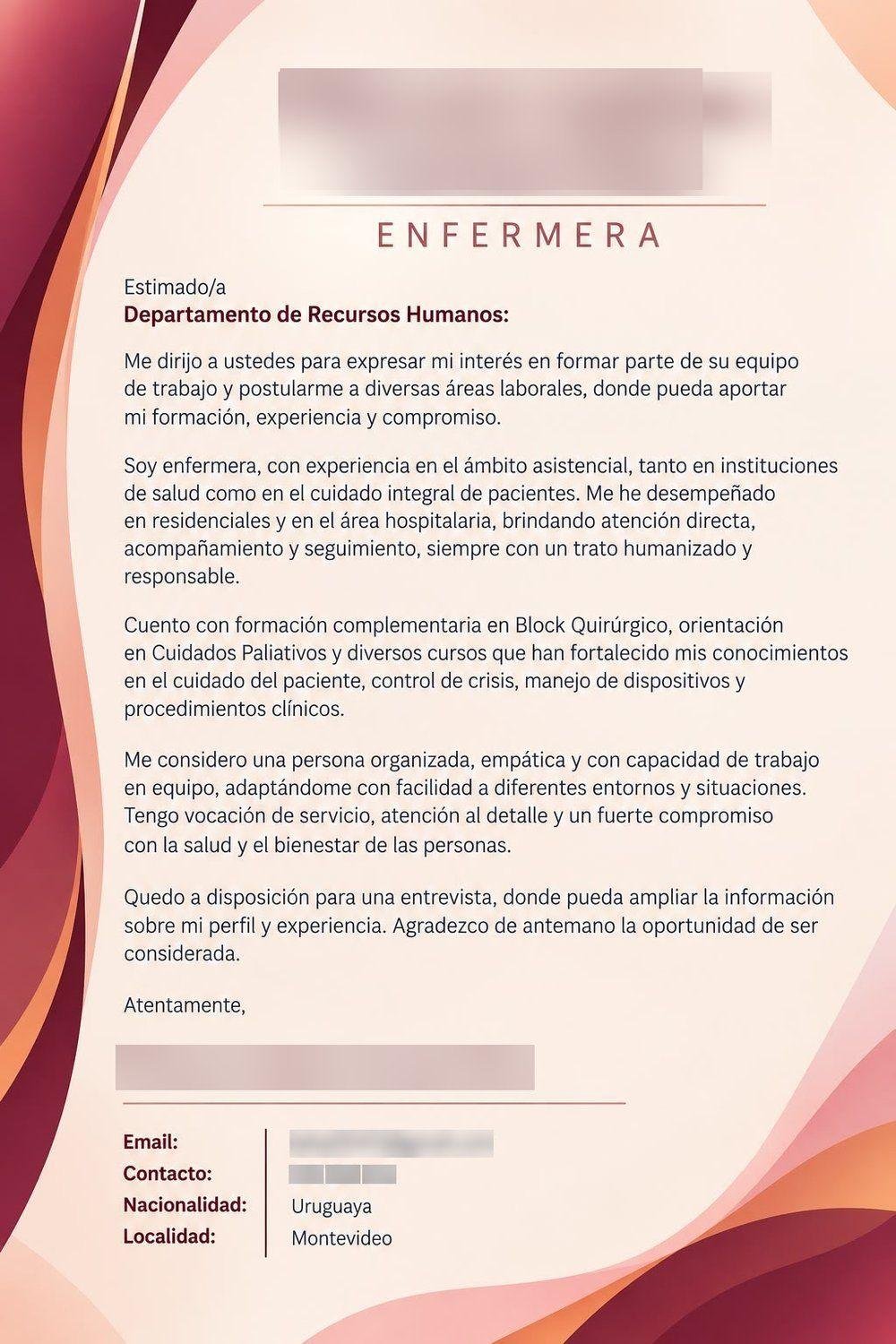 Enfermería y cuidado de pacientes — Carta de presentación