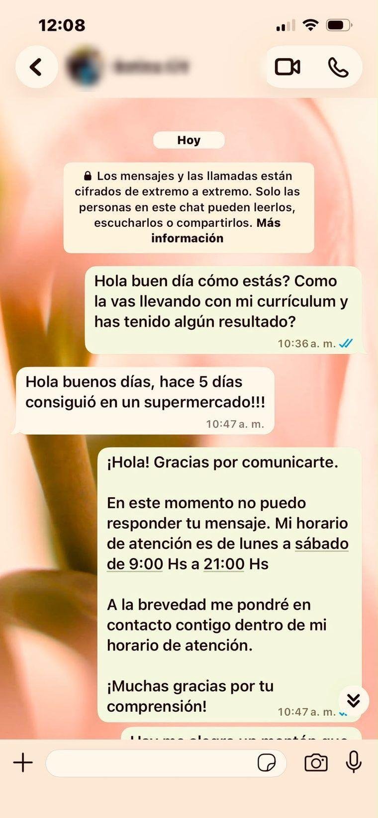 Captura de WhatsApp: testimonio de cliente 1