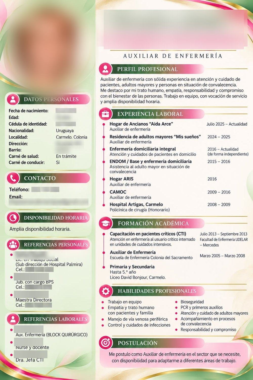 Auxiliar de enfermería — Currículum