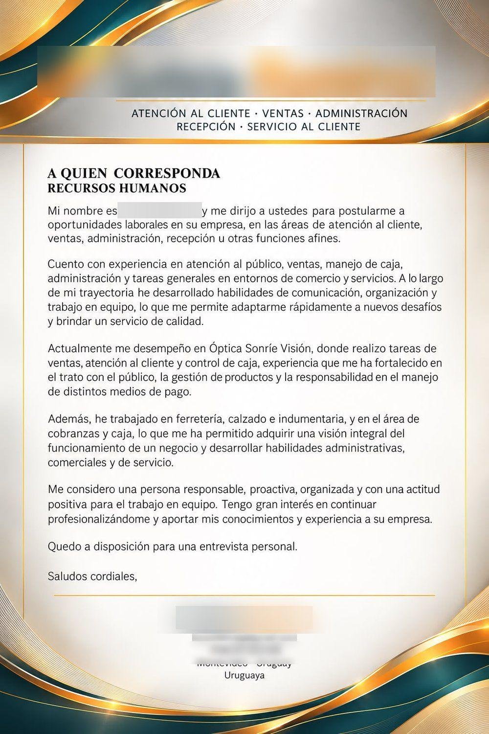 Atención al cliente y ventas — Carta de presentación